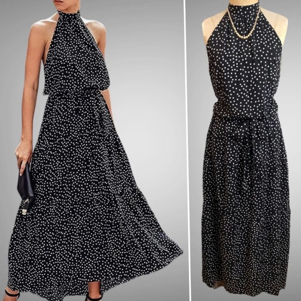 Temofon black with white polka dots backless halter maxi sundress- M - Picture 1 of 10